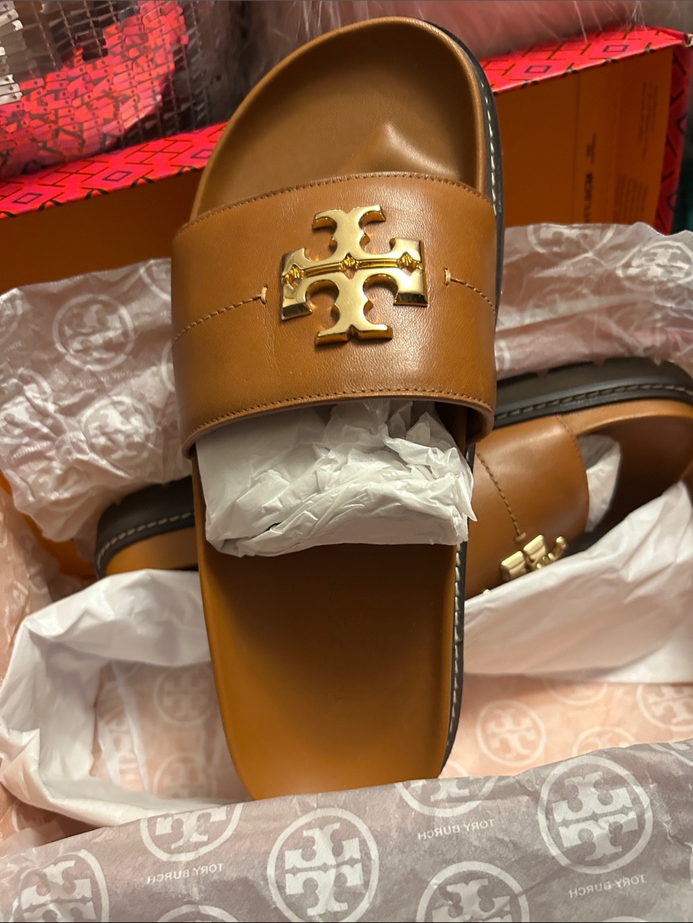 Tory Burch Cognac Leather Logo Slide Sandals